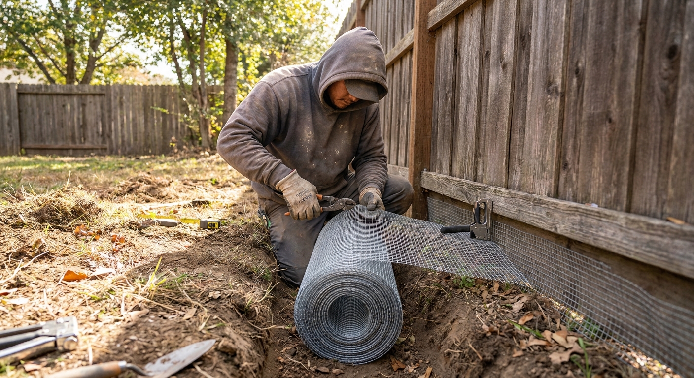 A person installing galvanized hardware cloth in a narrow trench along a backyard fence line, realistic DIY photo