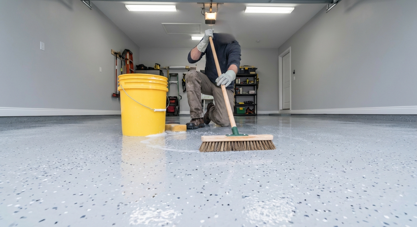 A person kneeling in a garage scrubbing a wet concrete floor with a long-handled deck brush and a bucket nearby, realistic home improvement photo