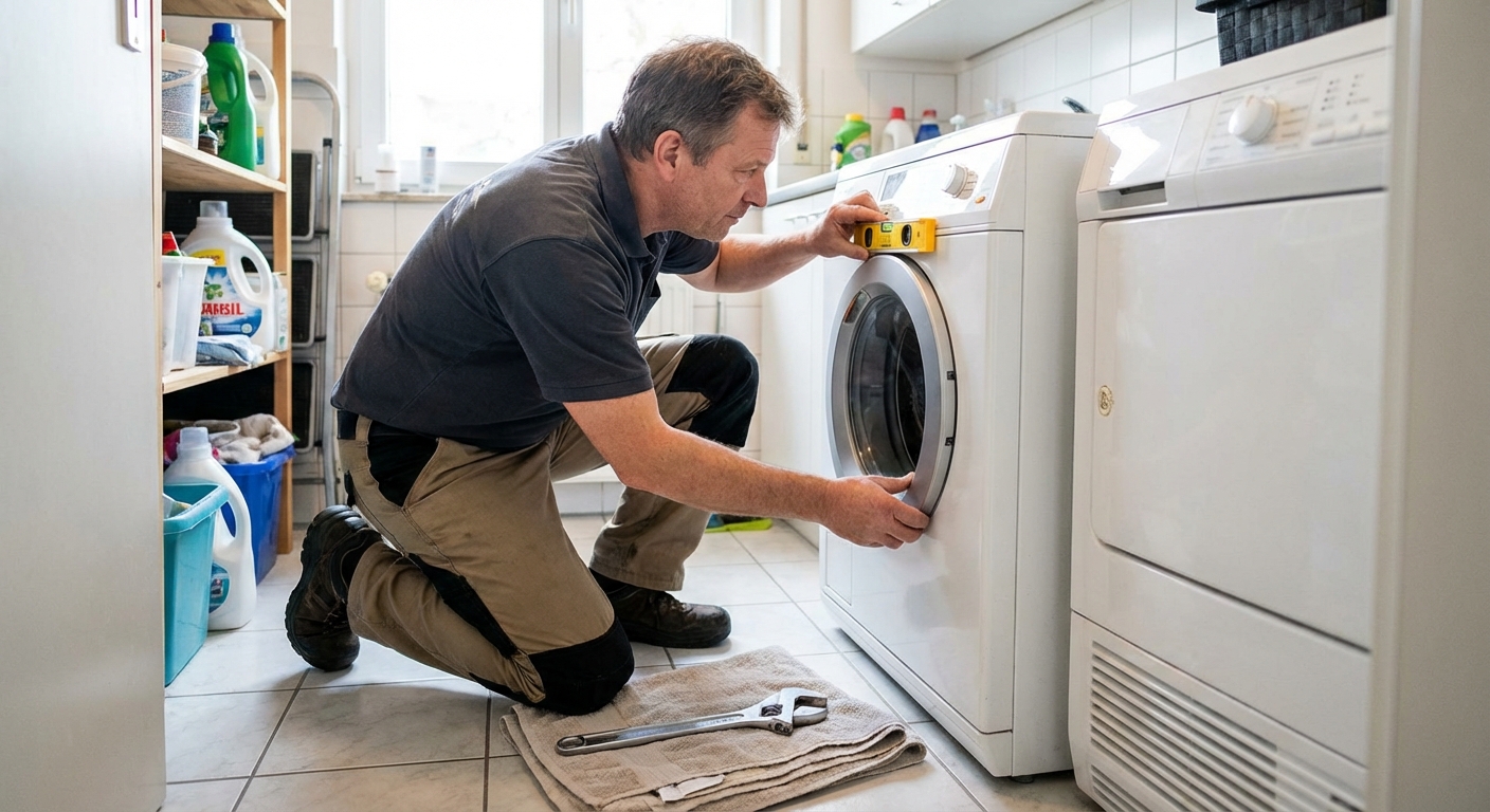 A person kneeling in a laundry room holding a small bubble level on top of a washing machine, with a wrench nearby on the floor, photorealistic