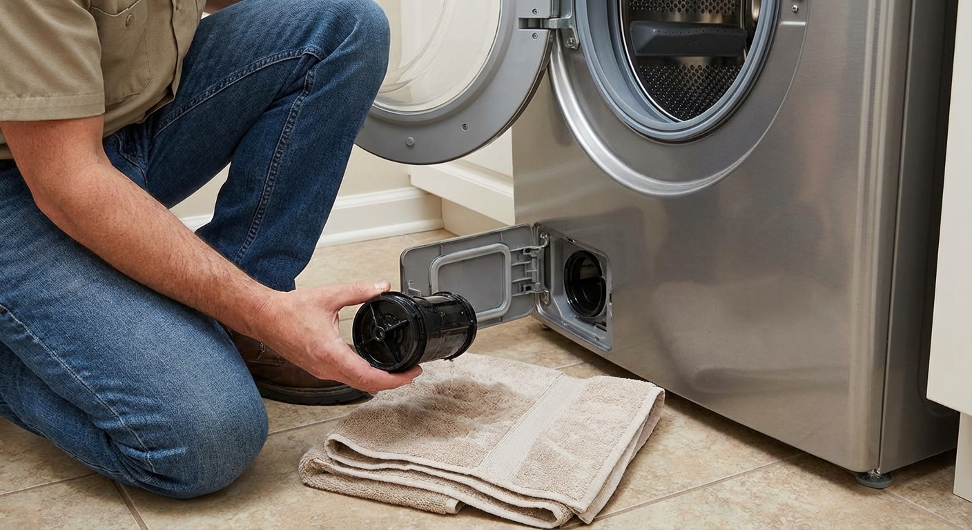 A person kneeling in front of a front-loading washing machine with the lower access panel door open, holding a small pump filter cap over a towel, photorealistic