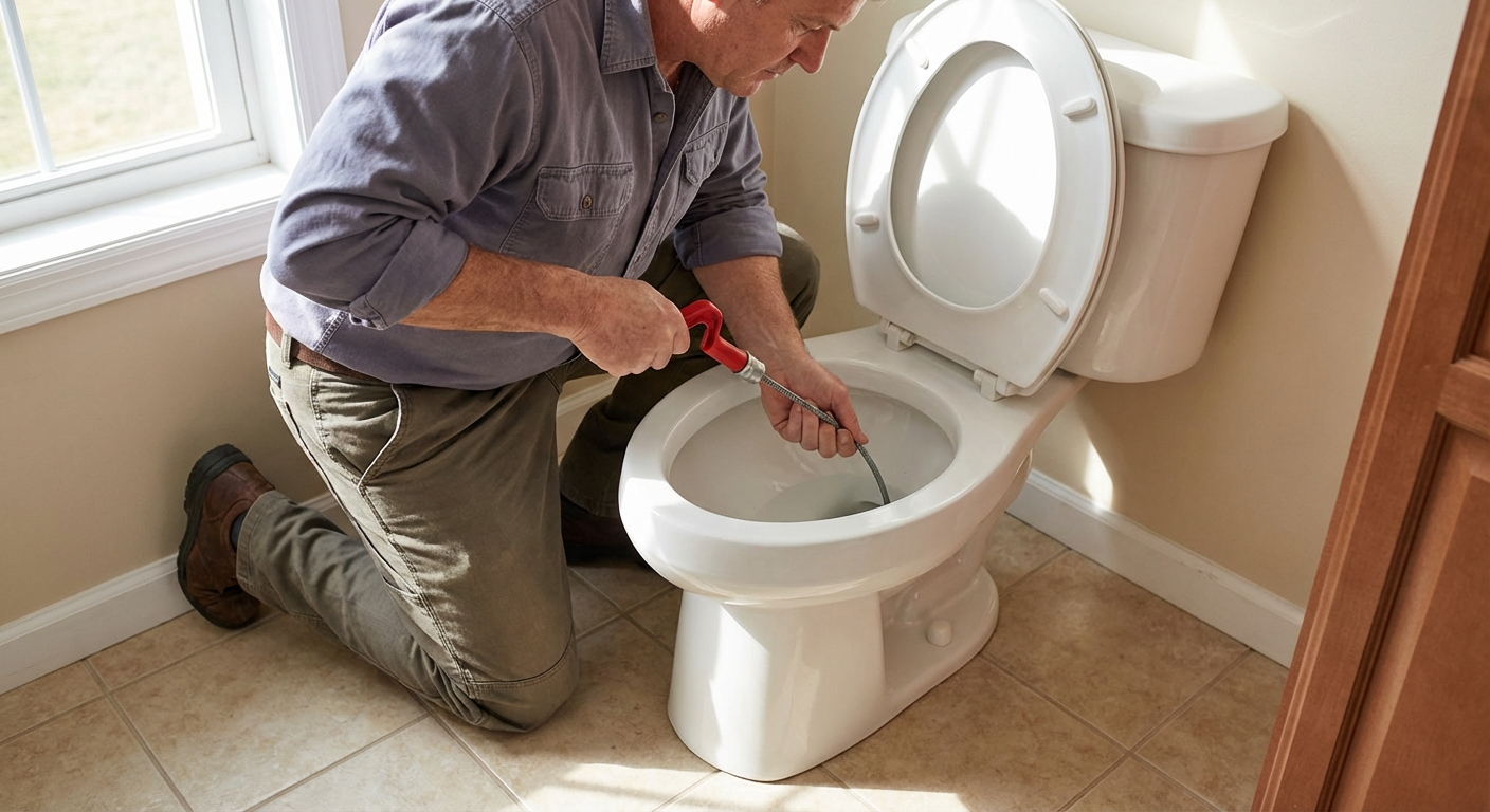 A person kneeling on a bathroom tile floor feeding a hand-crank toilet auger into a white toilet bowl, natural indoor lighting, photorealistic