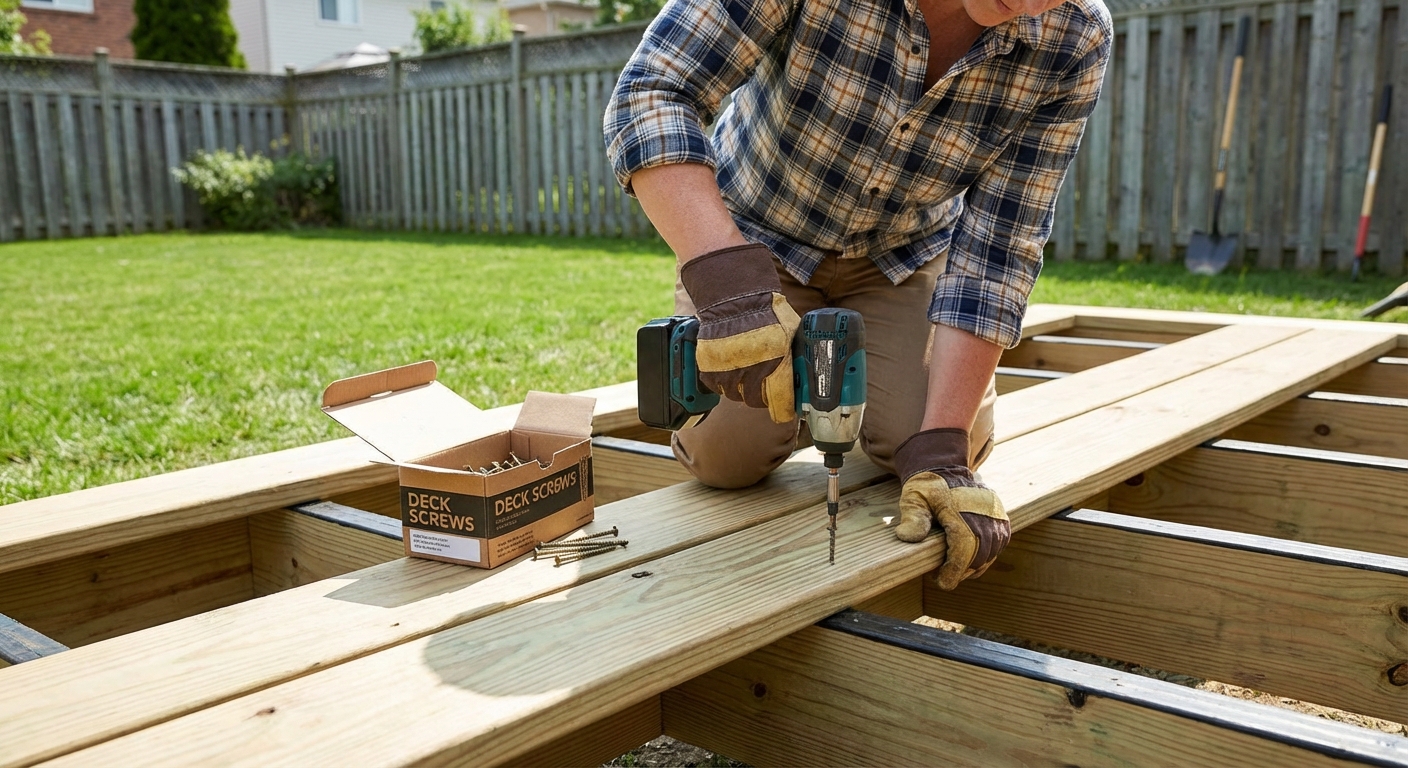 A person kneeling on a deck frame using an impact driver to fasten decking boards, with a box of deck screws nearby, outdoor daylight, realistic photo