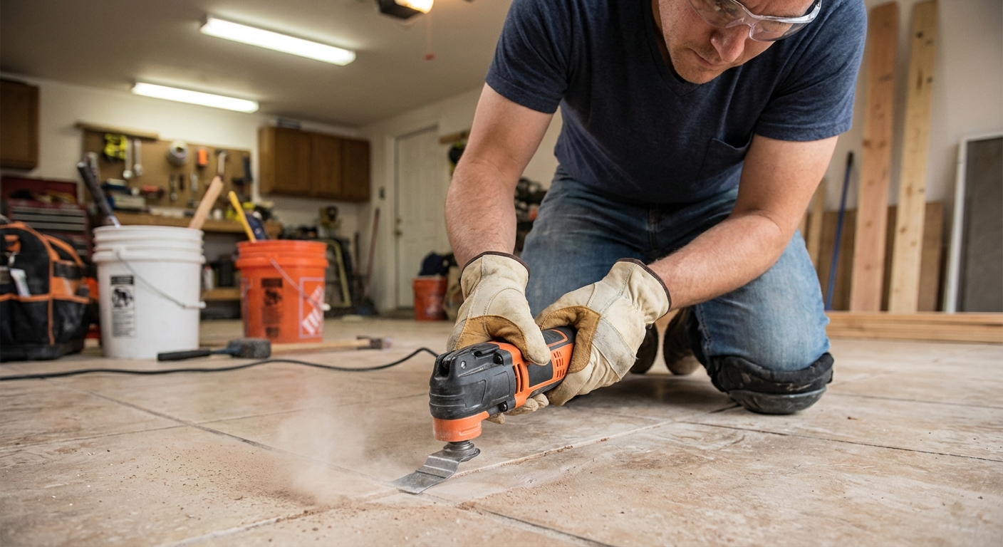 A person kneeling on a tile floor using an oscillating multi-tool with a grout removal blade along a grout line, workshop lighting, realistic home repair photo