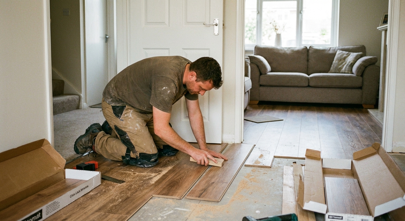 A person kneeling to install click-lock planks near a living room doorway