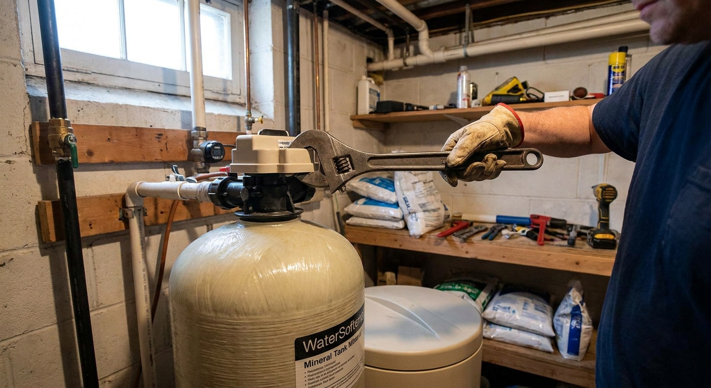 A person loosening a residential water softener control valve from the top of a mineral tank with hand tools in a basement utility area, real photo style