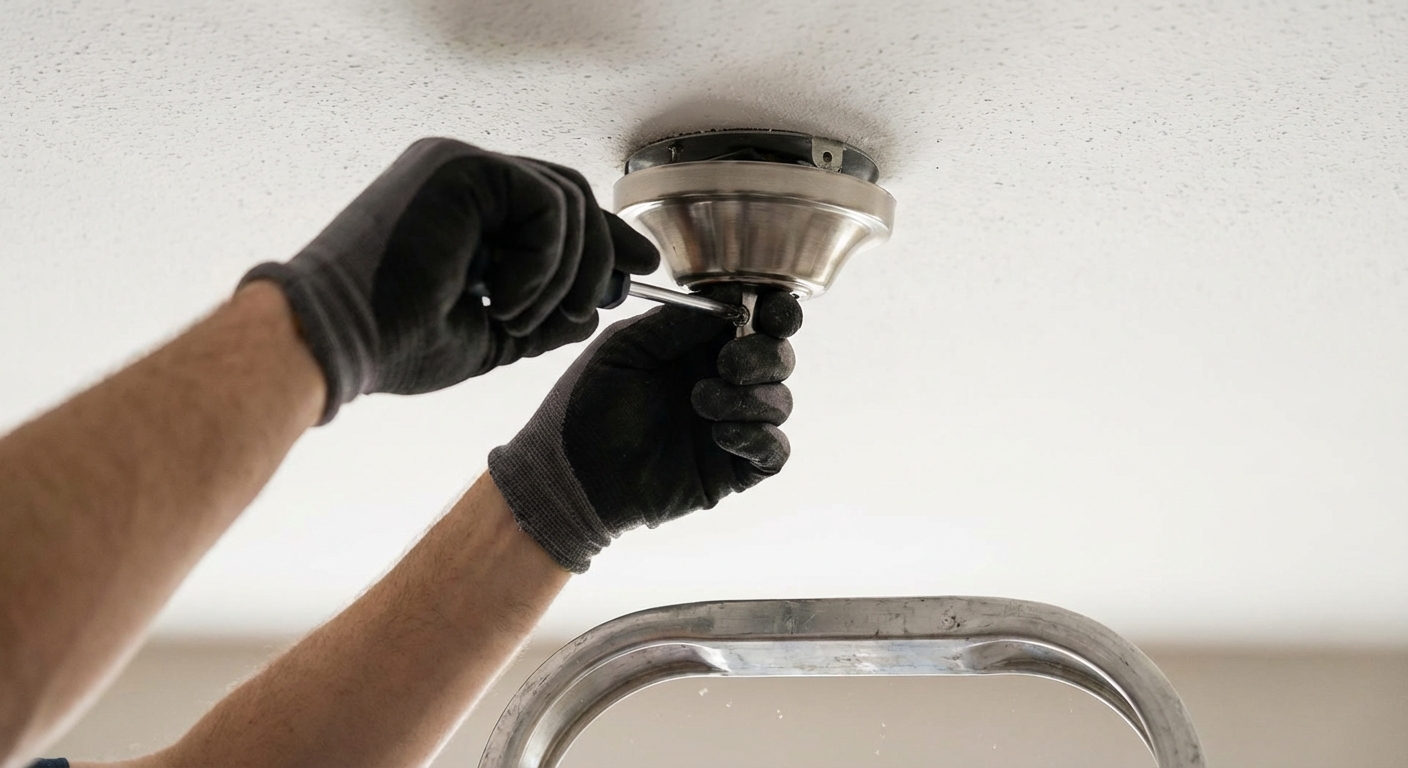 A person on a step ladder reaching up to a ceiling fan canopy with a screwdriver, close-up on hands and hardware, realistic home repair photo