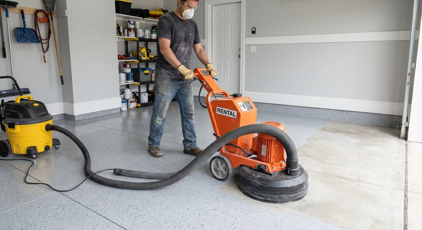 A person operating a rented concrete floor grinder in a residential garage while a shop vacuum hose captures dust, photorealistic DIY renovation scene
