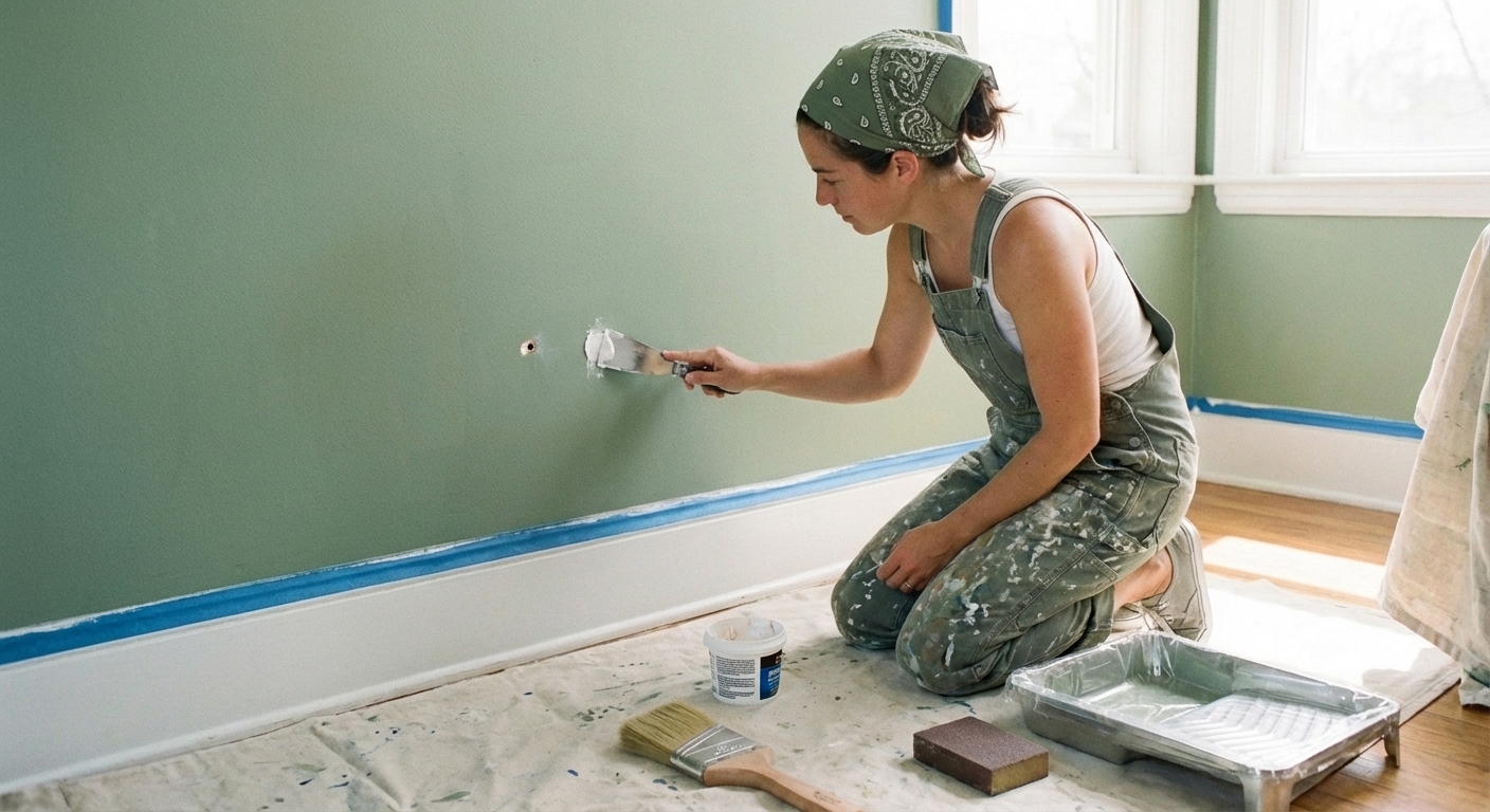 A person patching a small nail hole in a wall with a putty knife and spackle