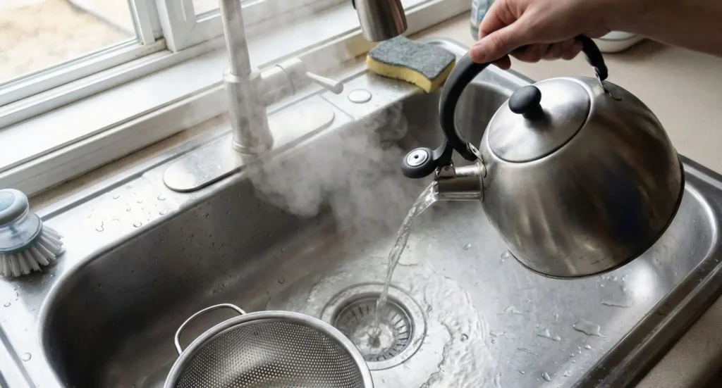 A person pouring a metal kettle of steaming hot water into a stainless steel kitchen sink drain, real home photo