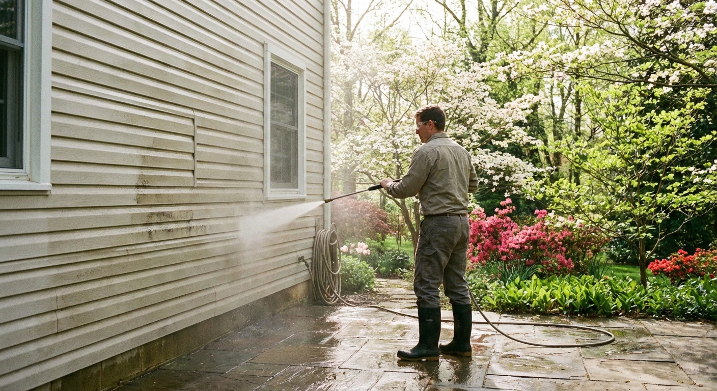 A person power washing vinyl siding on a house, standing on a patio with spring greenery in the background