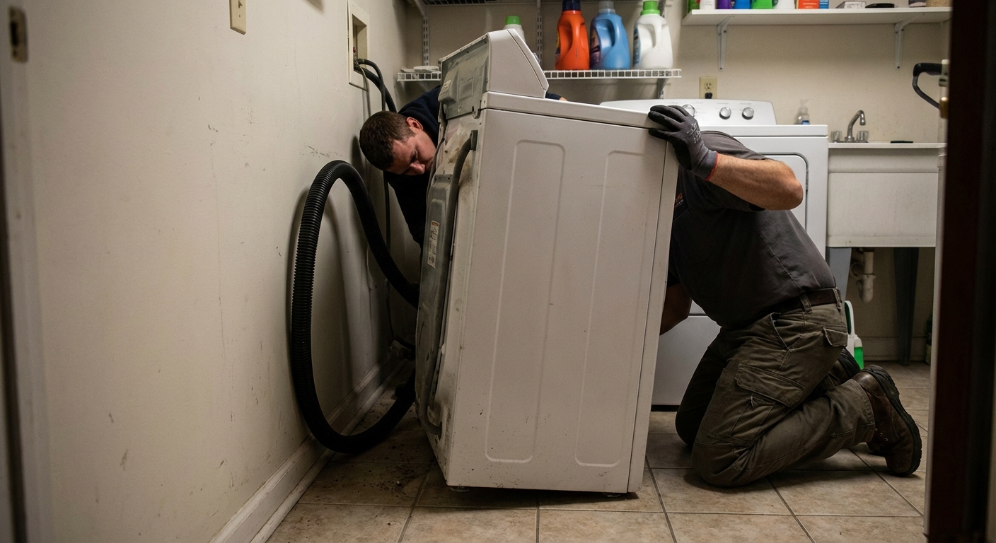 A person pulling a washing machine slightly away from the wall to inspect the black drain hose behind it, laundry room photo, photorealistic