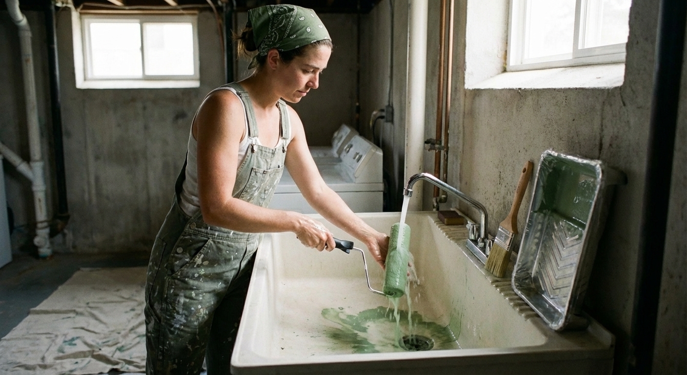 A person rinsing a paint roller cover in a utility sink with running water