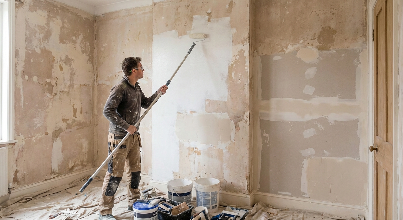 A person rolling white primer onto a freshly stripped interior wall with a paint roller on an extension pole, with patch repairs visible drying on the wall, home renovation photo in natural light