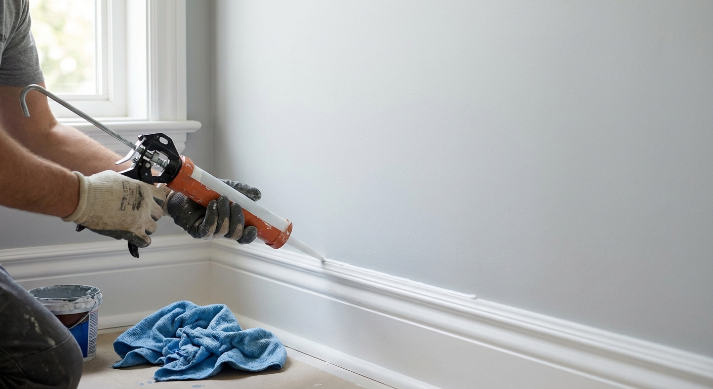 A person running a thin bead of paintable caulk along the top edge of a baseboard where it meets the wall, with a damp rag nearby for cleanup