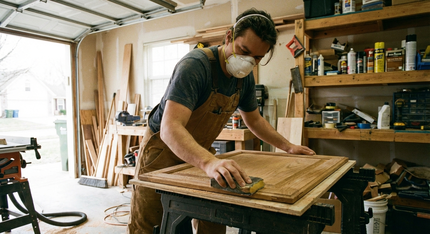 A person sanding a cabinet door with a sanding sponge in a garage workshop