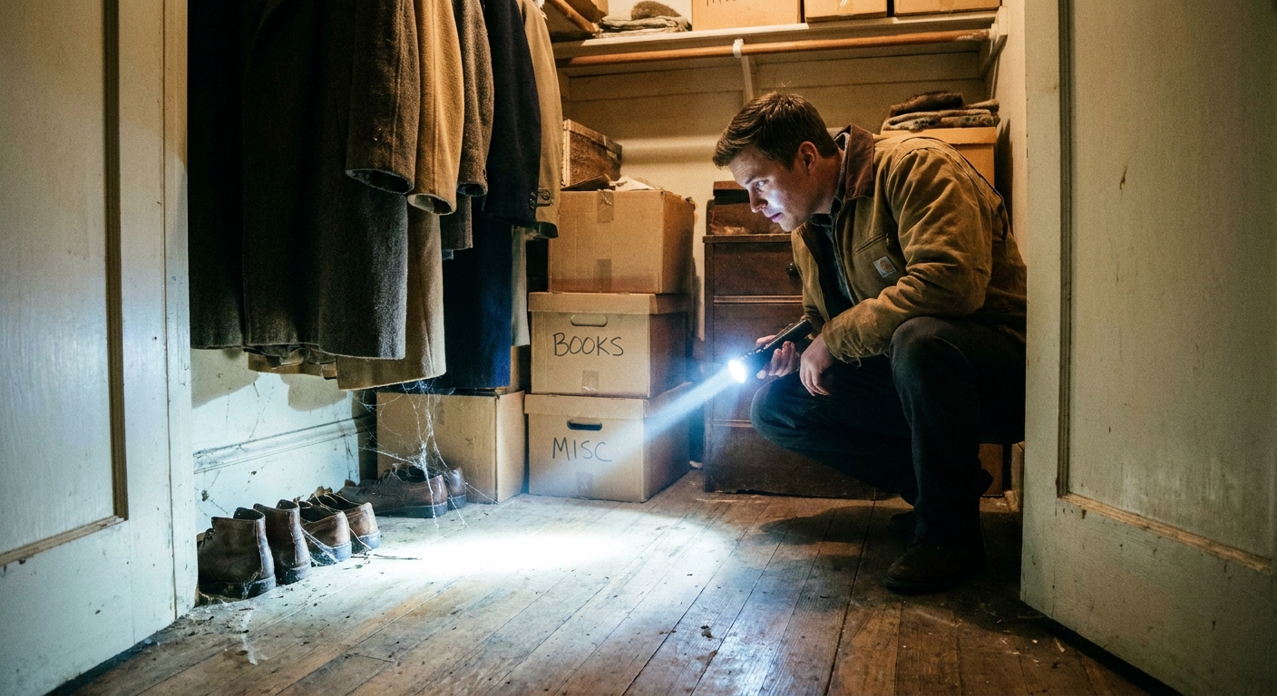 A person shining a bright flashlight along the floor of a closet near stored items and baseboards