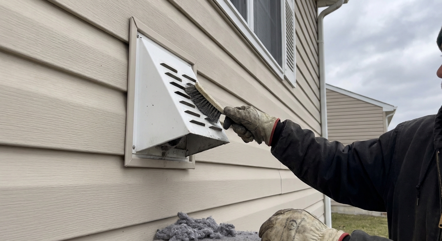A person standing outside a house cleaning an exterior dryer vent hood with gloved hands, vinyl siding background, daylight, photorealistic