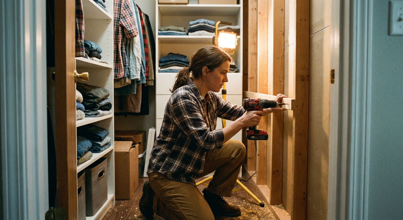 A person using a drill to fasten a wooden cleat to the side wall inside a closet