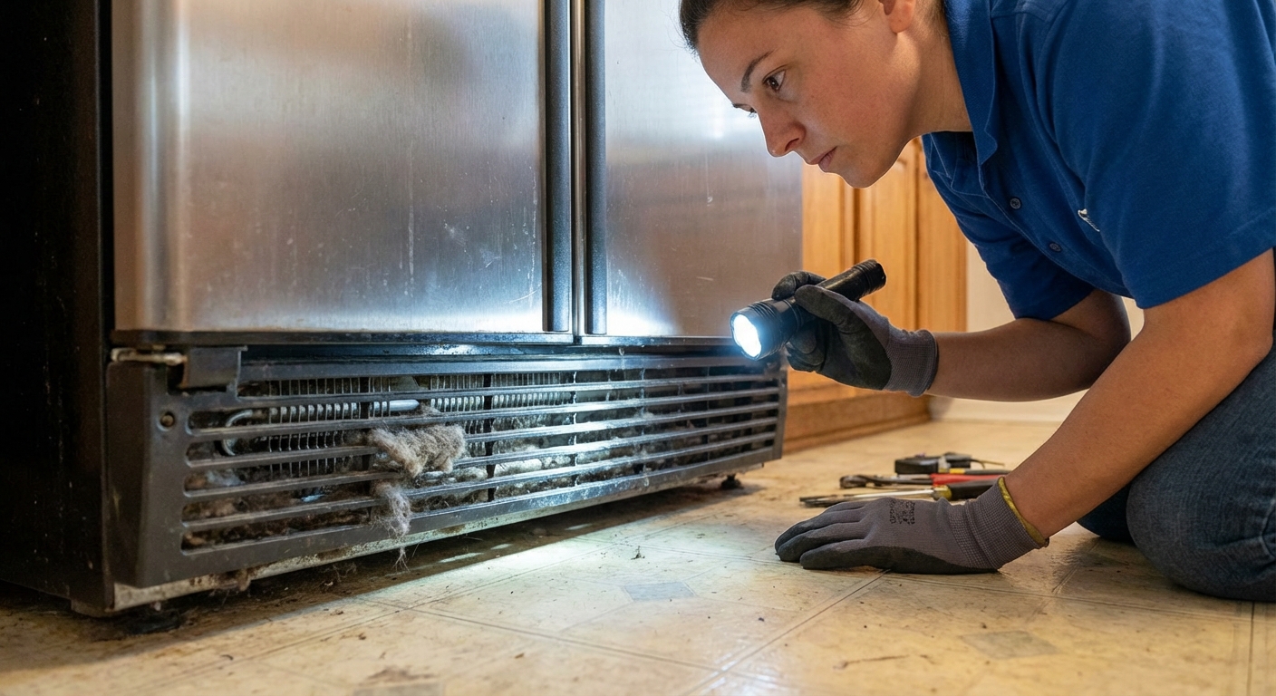 A person using a flashlight to look through the lower front grille of a refrigerator, with dusty condenser coils visible behind the grille, realistic home maintenance photo