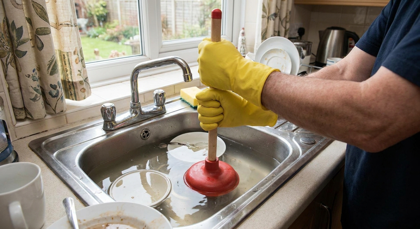 A person using a flat-bottom plunger on a kitchen sink drain with water in the basin, real home photo