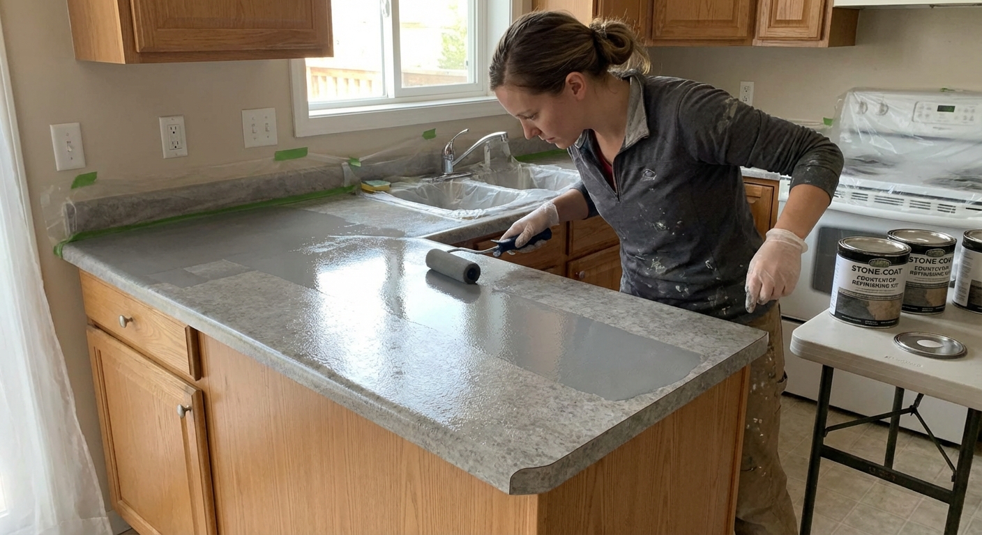 A person using a foam roller to apply a countertop coating on a laminate kitchen counter