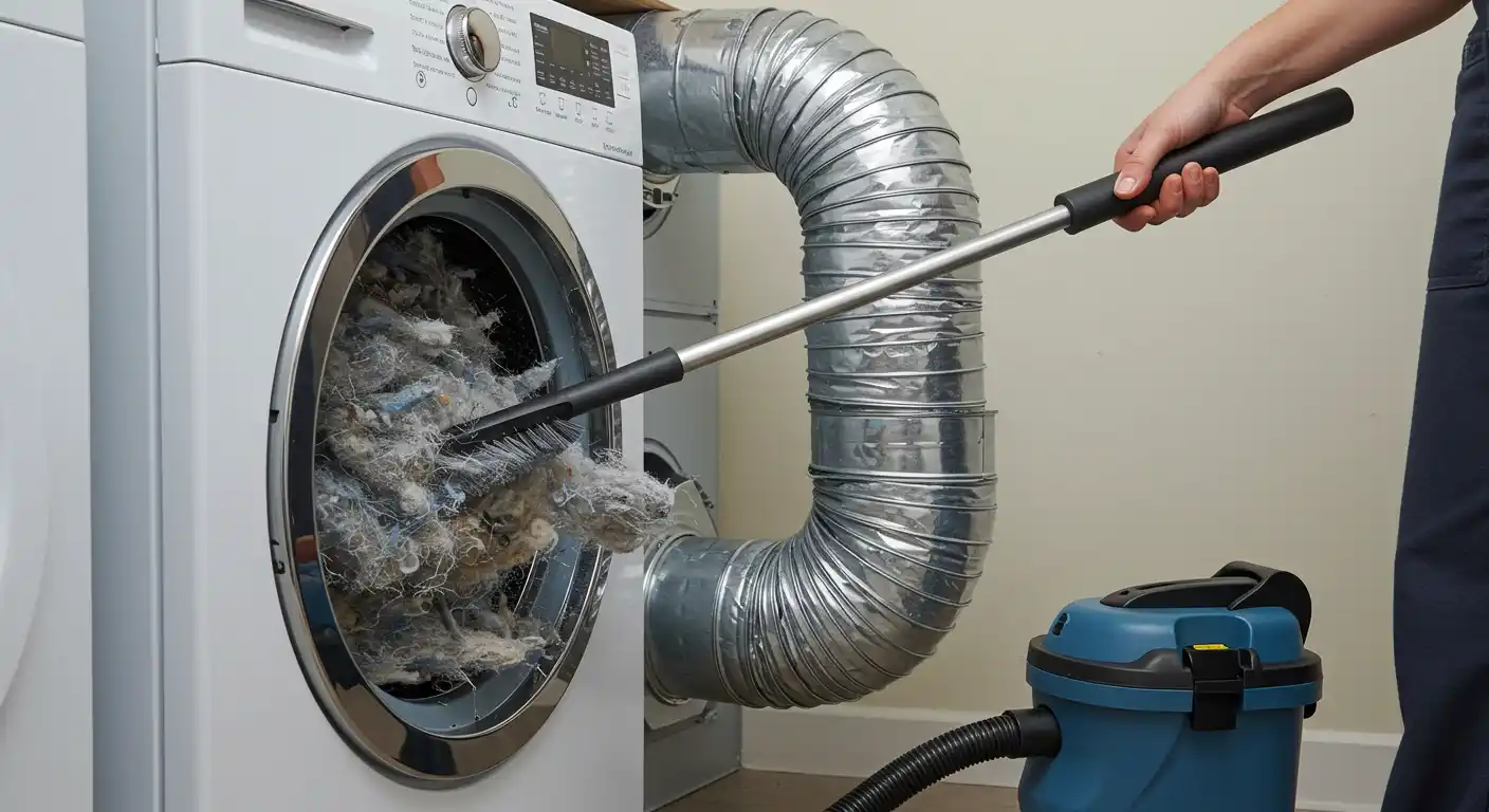 A person using a long vent brush to clean lint from a rigid metal dryer vent duct in a utility room