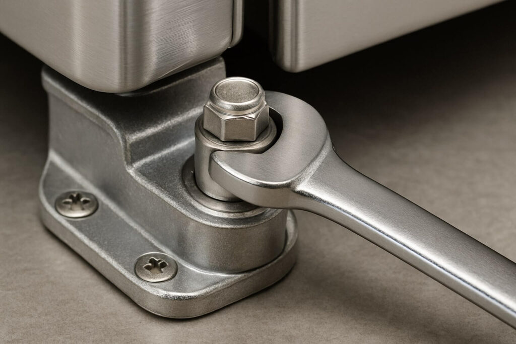 A person using a nut driver to tighten a freezer door hinge bolt on a refrigerator, close-up photo