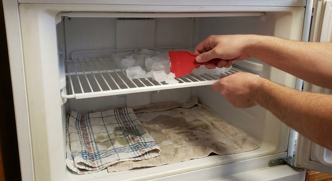 A person using a plastic scraper to gently remove loosened ice from a freezer shelf while towels line the bottom to catch melting water, real home photo style
