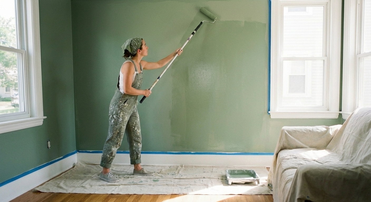 A person using a roller on an extension pole to paint a wall in a bedroom, with even wet paint coverage