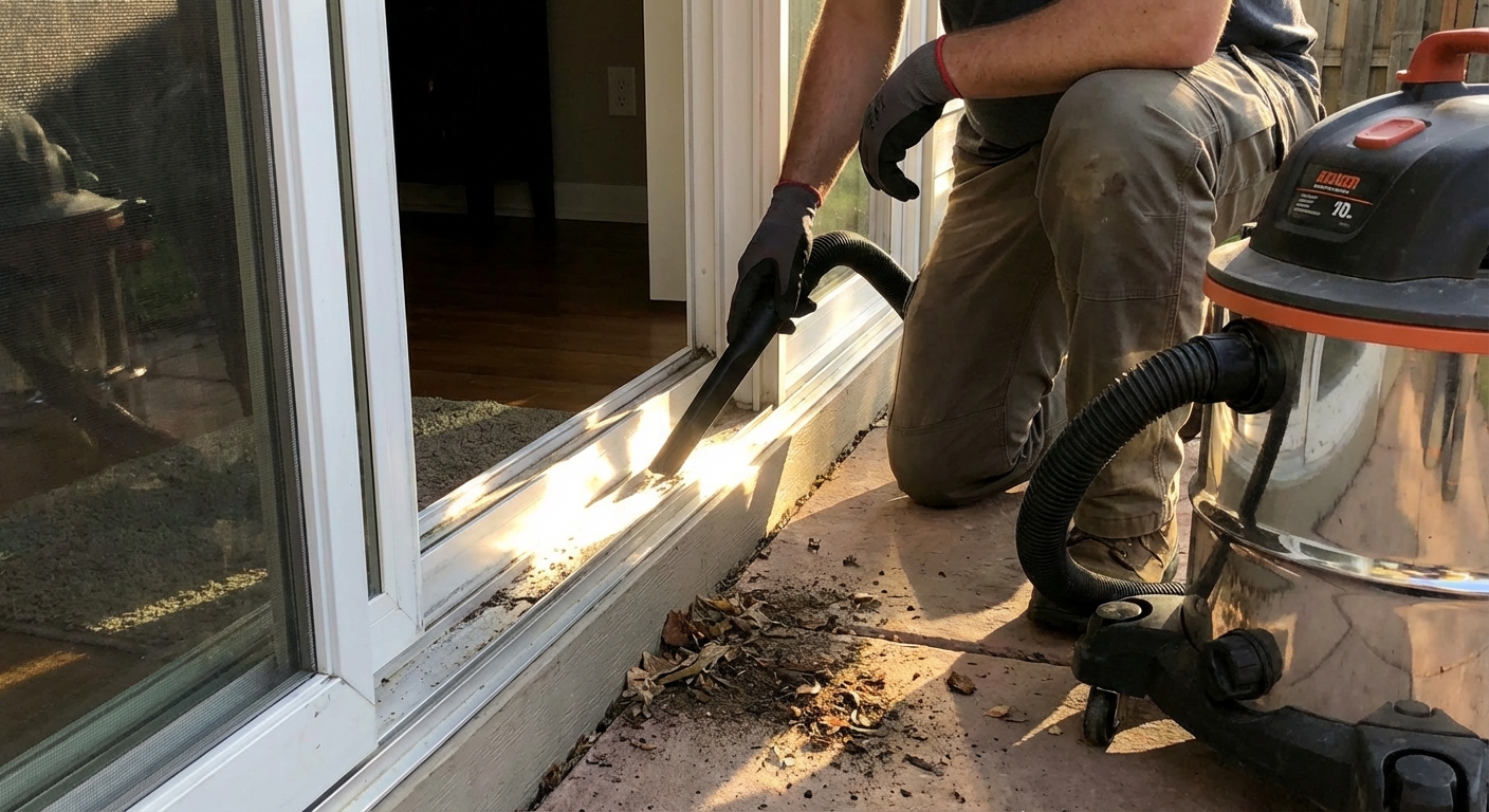 A person using a shop vacuum crevice tool to clean a sliding glass door bottom track, with the door partially open and sunlight reflecting on the aluminum channel
