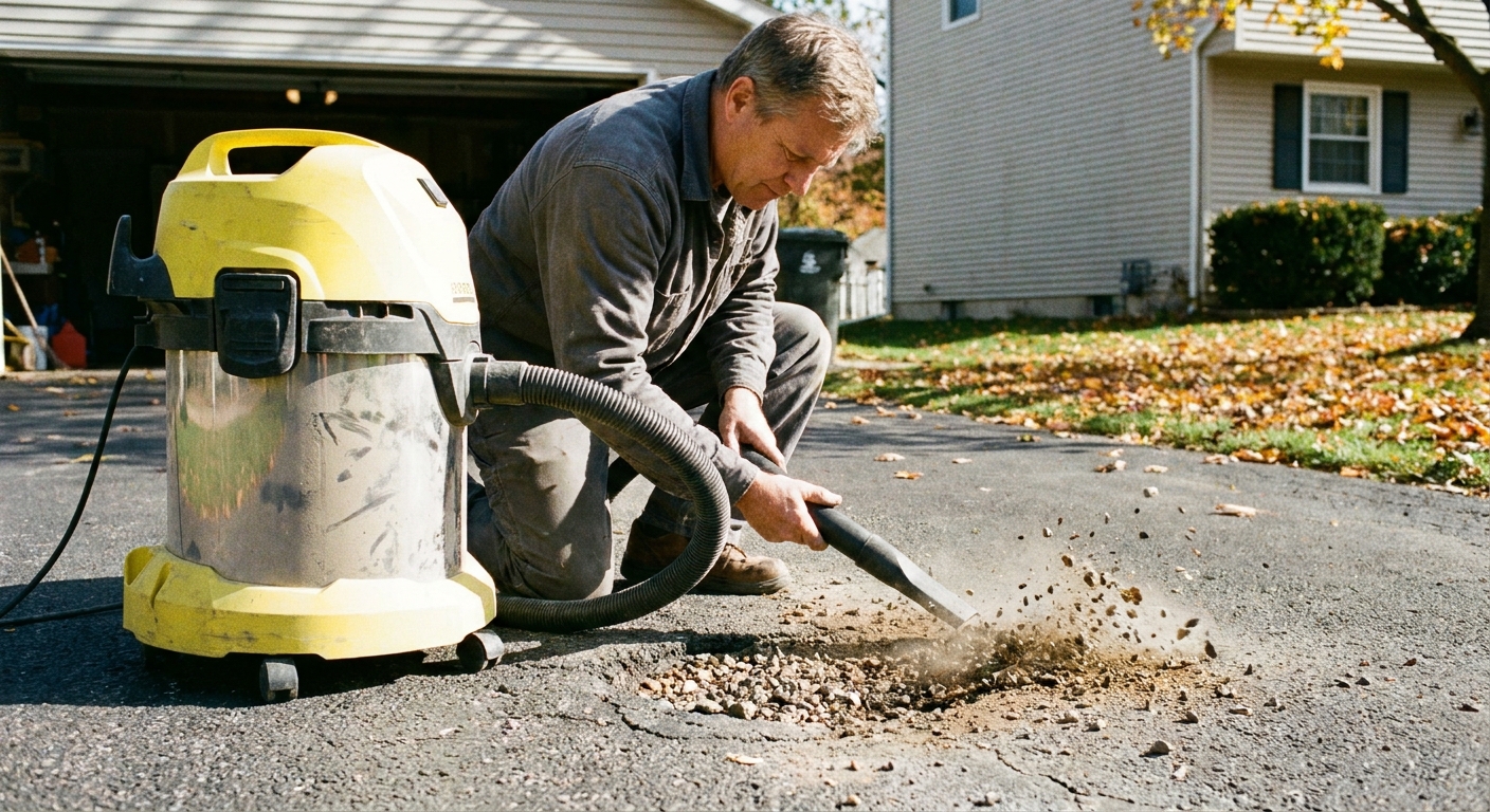 A person using a shop vacuum to remove loose debris from a small pothole in an asphalt driveway