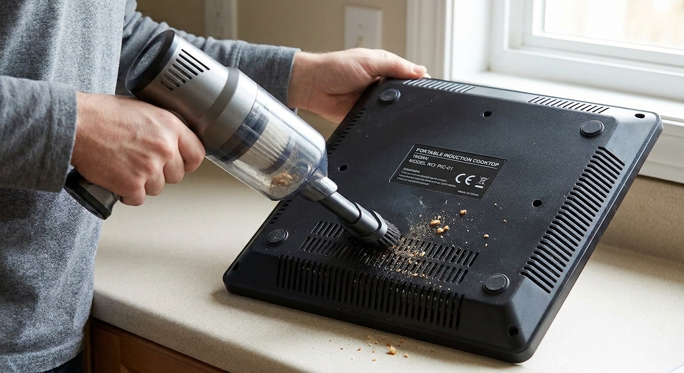 A person using a small handheld vacuum to clean dust from the vent openings on the underside of a portable induction cooktop