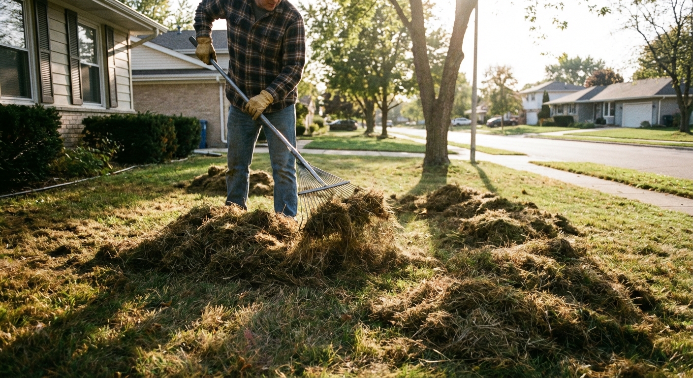 A person using a thatch rake on a suburban front lawn, pulling up brown thatch and dead grass into loose piles, afternoon sunlight