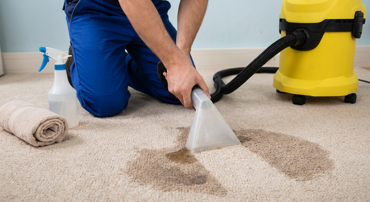 A person using a wet dry shop vacuum nozzle to extract liquid from a carpeted floor after cleaning a pet stain, real photo