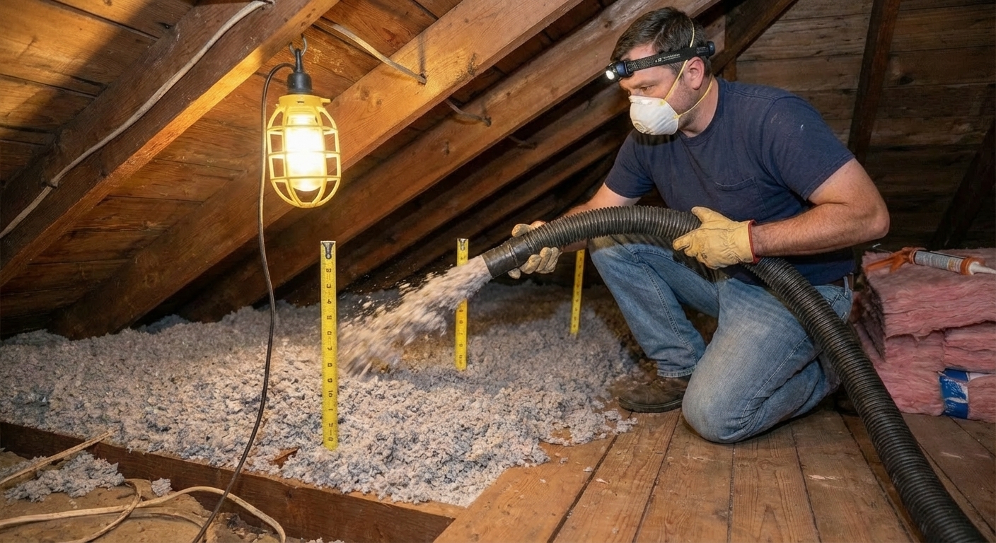 A person wearing a respirator blowing cellulose insulation from a hose across an attic floor, with evenly distributed loose fill rising to marked depth gauges, photorealistic home improvement scene