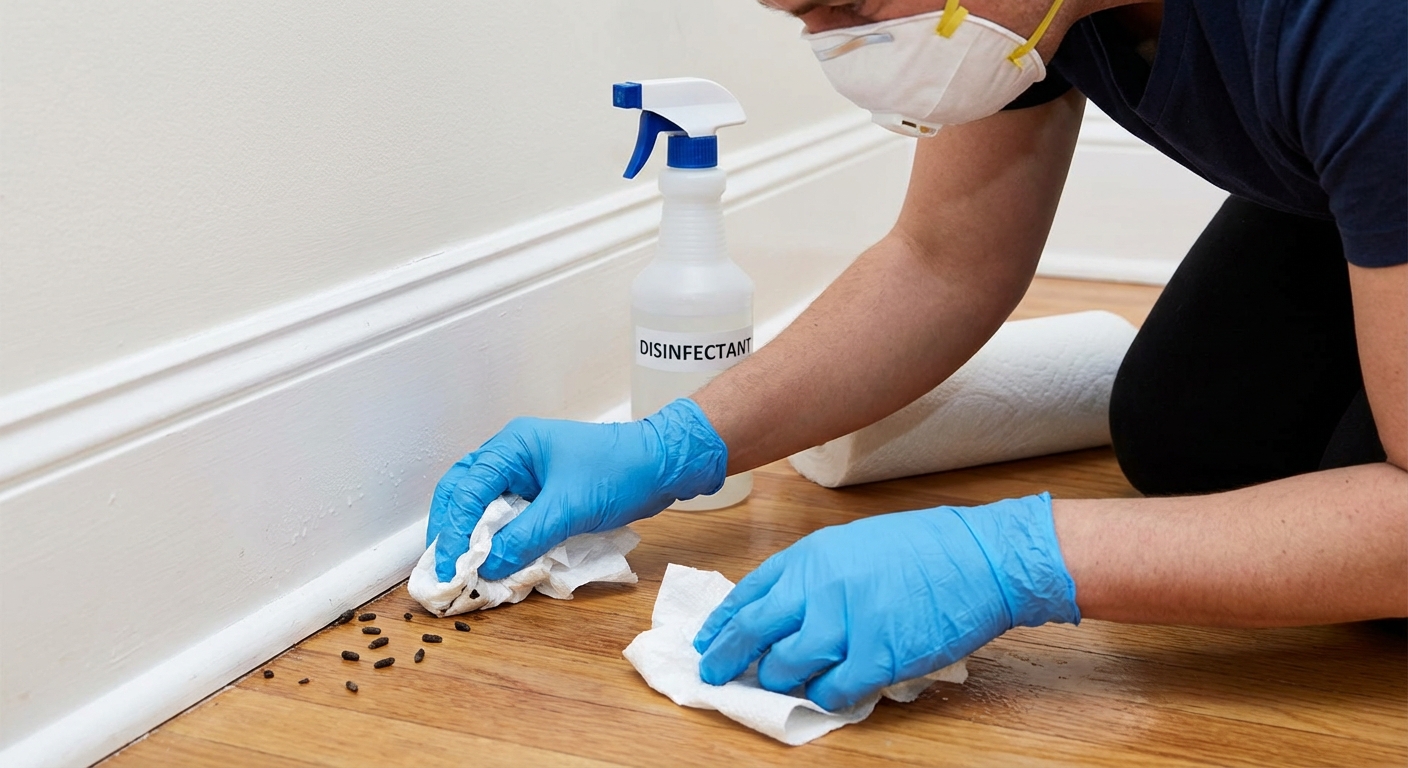 A person wearing disposable gloves and a dust mask wiping up mouse droppings with paper towels after spraying disinfectant on a hard floor near a baseboard, photorealistic