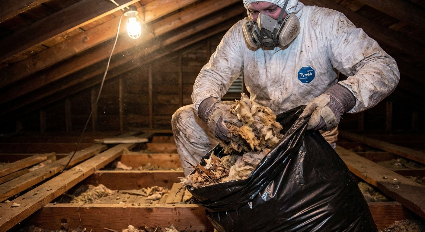 A person wearing gloves and a respirator kneeling in an attic while bagging soiled insulation and nesting debris into a black contractor bag, realistic home maintenance photo