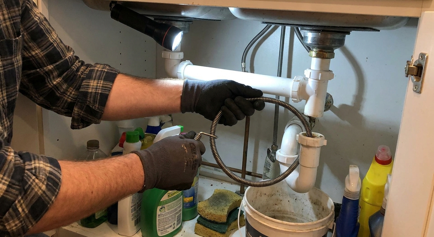 A person wearing gloves feeding a hand-crank drain snake into a kitchen sink drain pipe under the cabinet, real home photo