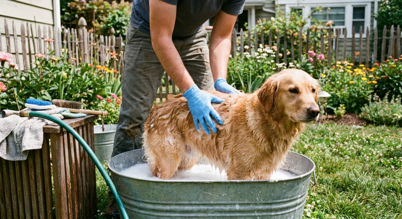 A person wearing nitrile gloves gently bathing a medium-sized dog in a backyard tub setup with soap and water