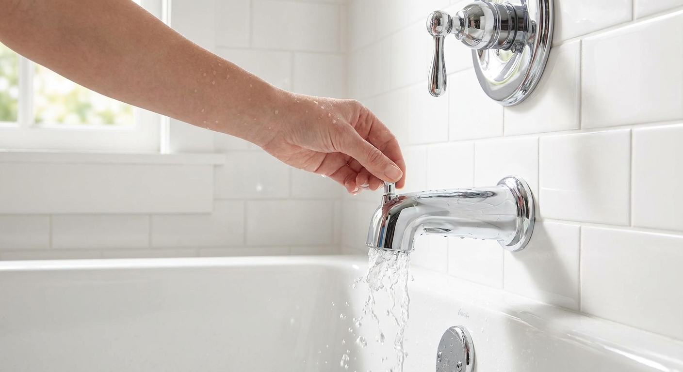 A person’s hand pulling up the diverter knob on a chrome bathtub spout in a clean bathroom