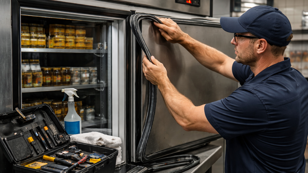 A person’s hands checking a refrigerator freezer door gasket for gaps along the edge, with the freezer door slightly open in a kitchen