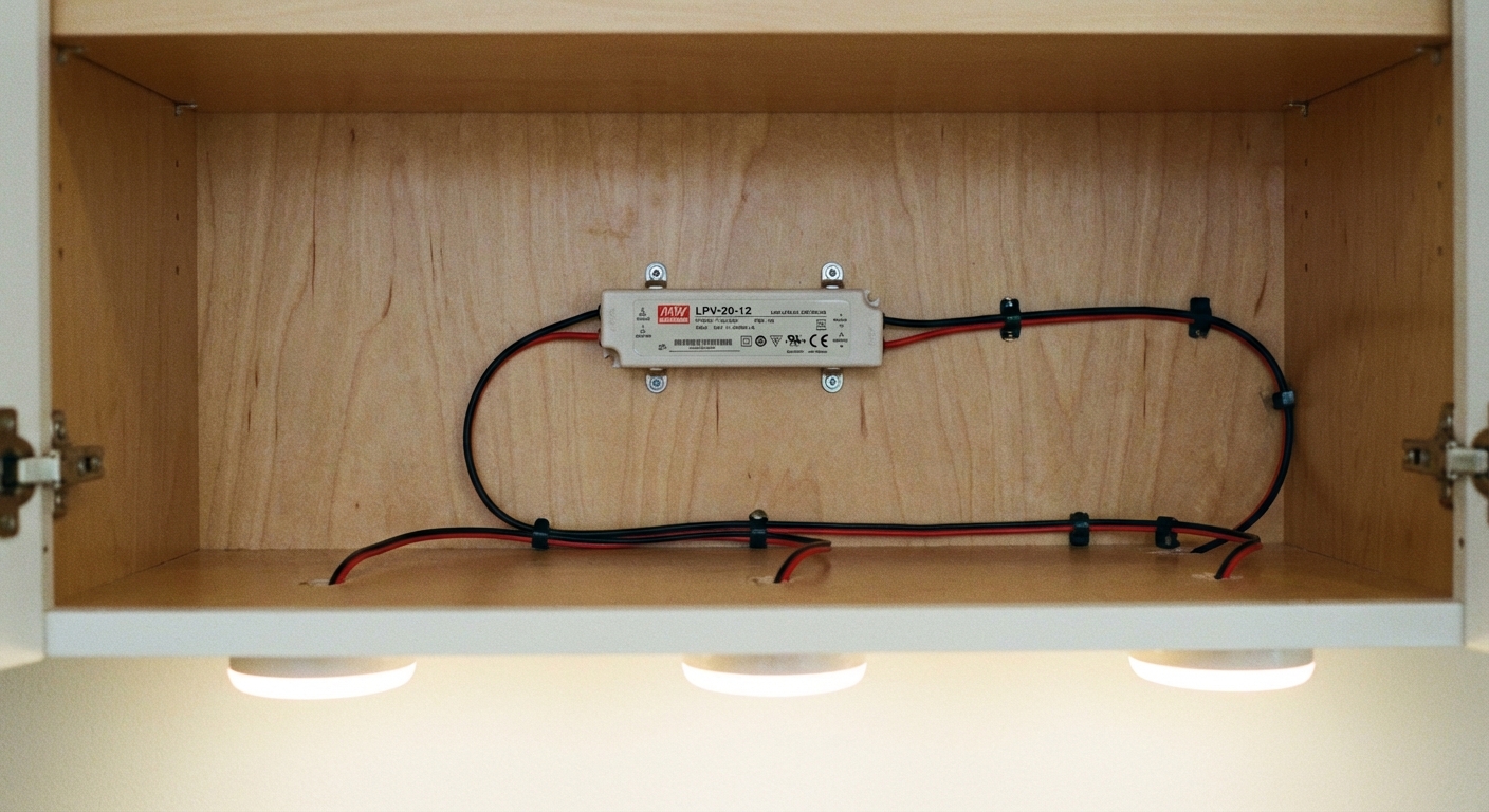 A photo inside a kitchen cabinet showing a small LED driver mounted on the cabinet wall with low-voltage wires routed neatly through drilled holes to under-cabinet puck lights