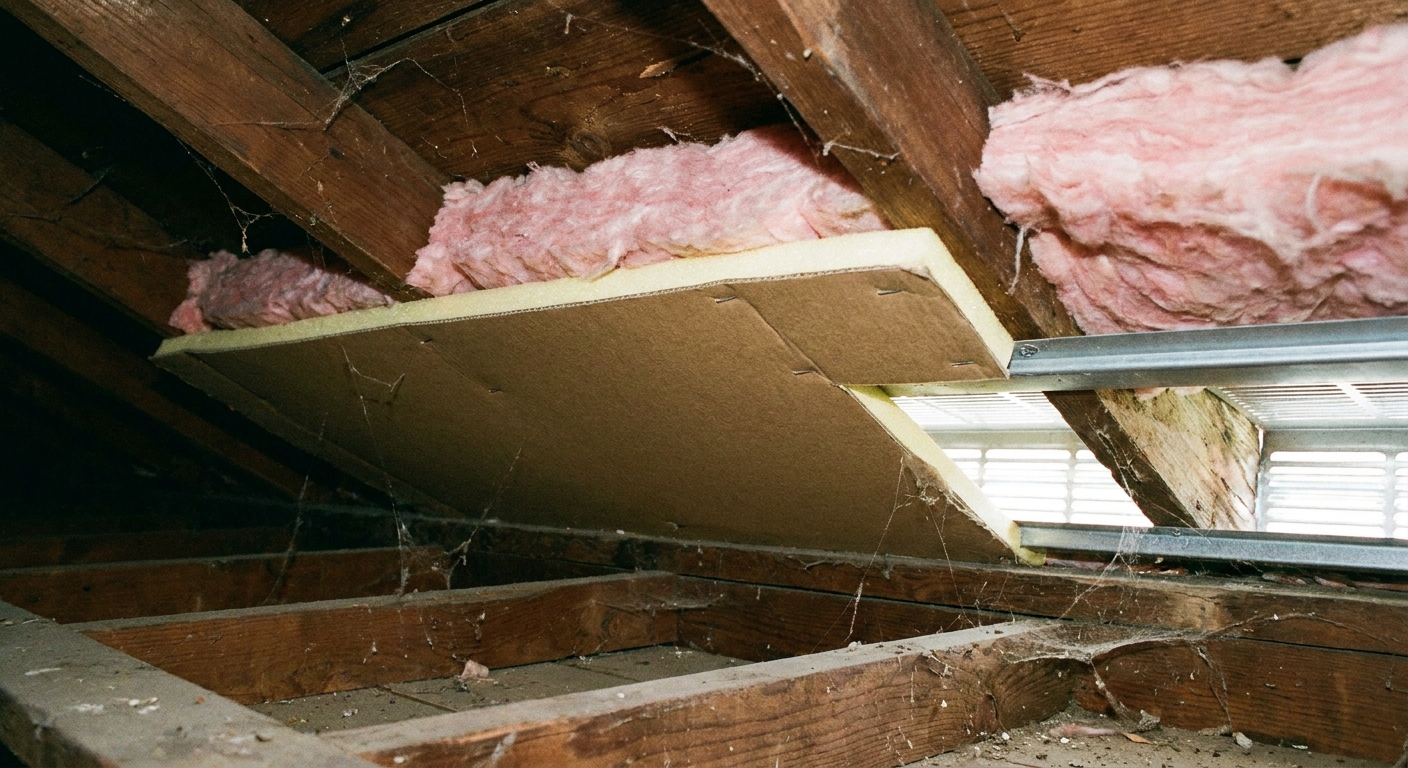 A photo inside an attic showing an eave baffle keeping fiberglass insulation away from the soffit vent channel, real photo