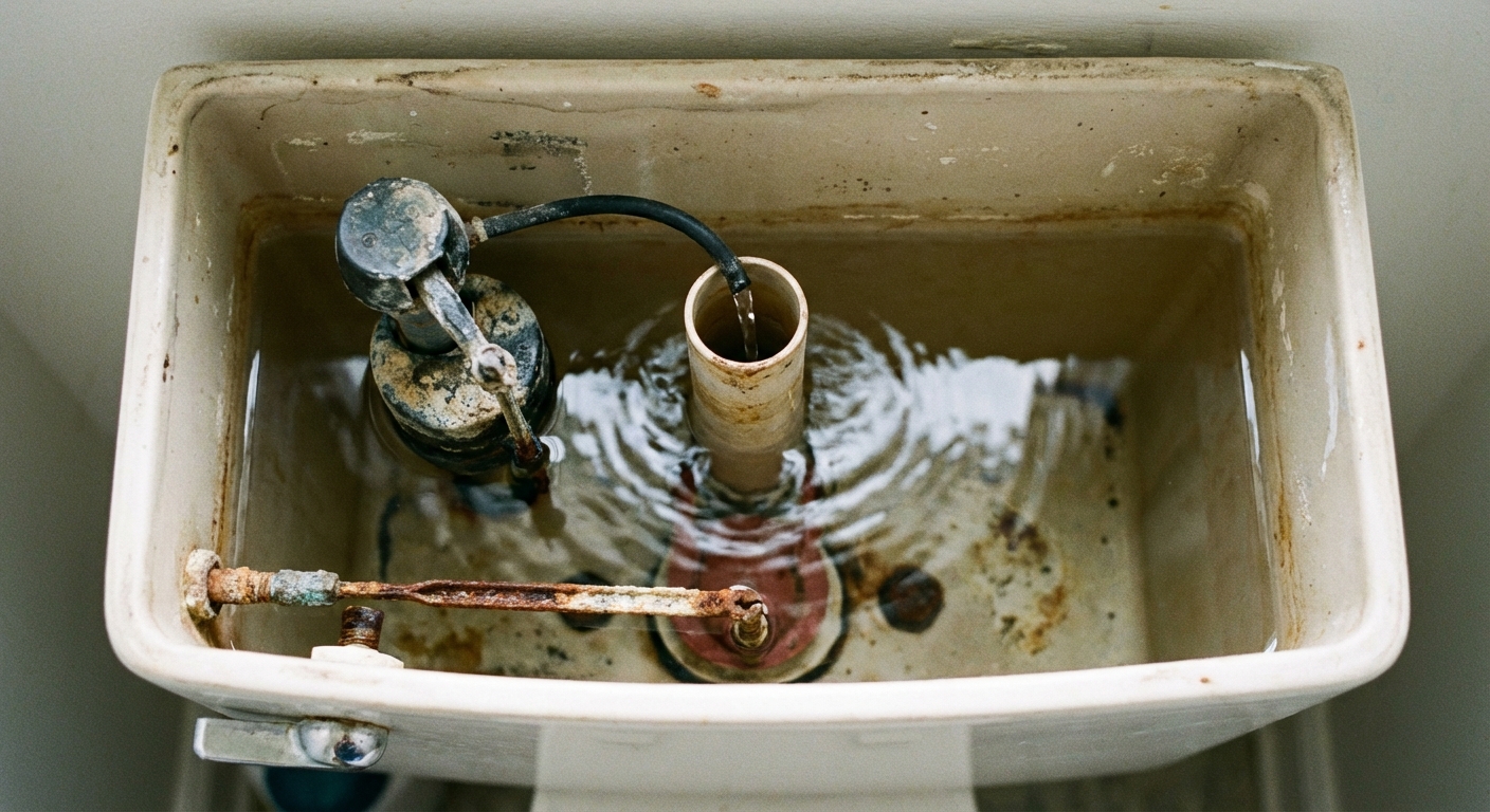 A photo looking down into a toilet tank showing the overflow tube in the center and water trickling into it, indicating the tank is overfilling