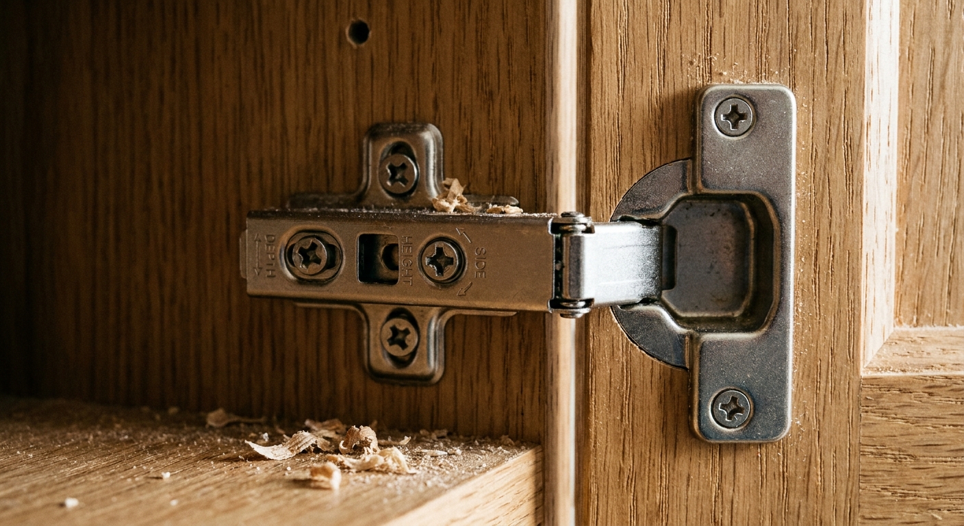 A photo of a European style concealed cabinet hinge inside a cabinet, showing the adjustment screws on the hinge arm