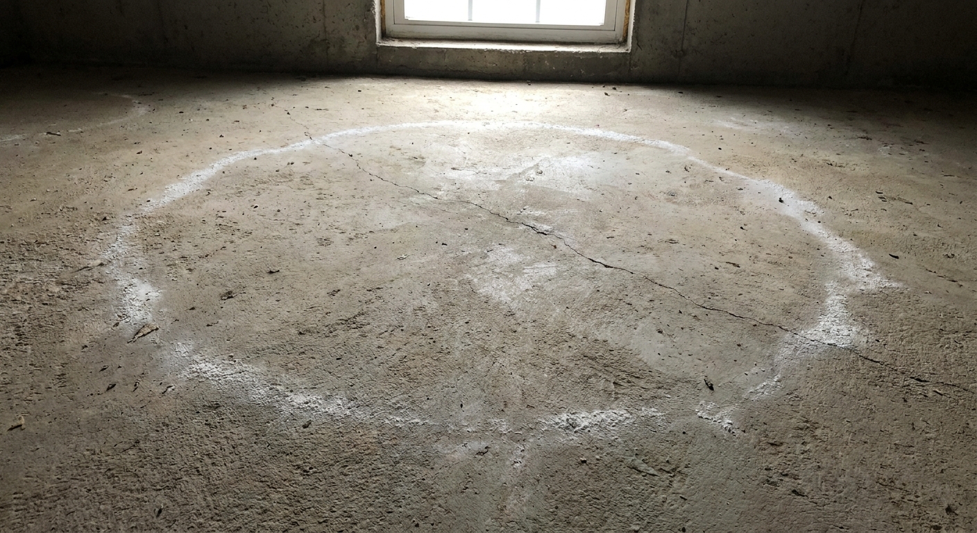 A photo of a basement concrete floor with a thin white efflorescence ring along a hairline crack, shot in natural indoor light