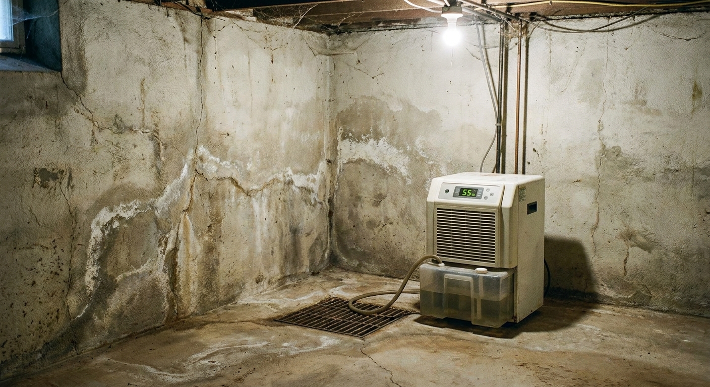 A photo of a basement corner with a dehumidifier running next to a floor drain, with bare concrete walls and a humidity display visible