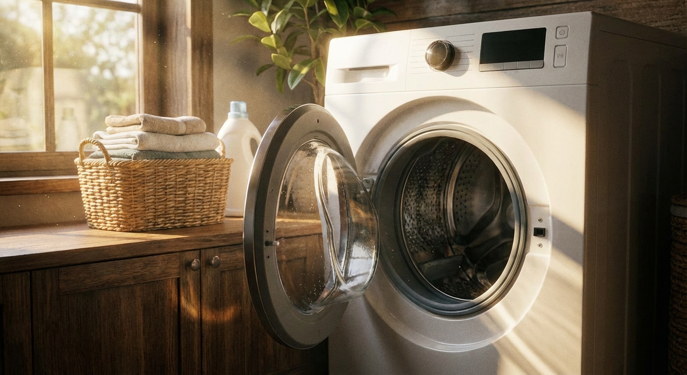 A photo of a clean front-load washing machine with the door left slightly open after use, sunlight coming into the laundry room, a folded towel basket nearby