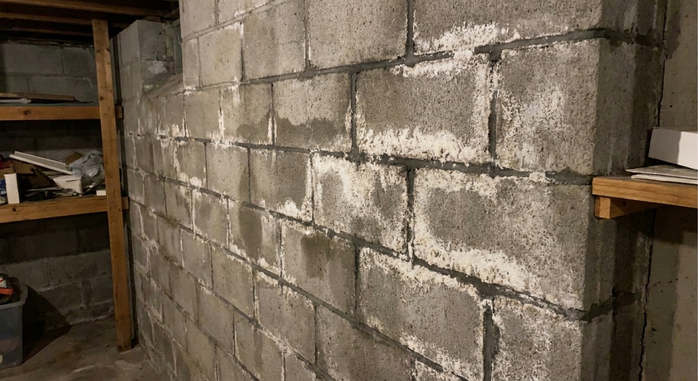 A photo of a concrete block basement wall showing white powdery residue concentrated along mortar joints, typical efflorescence