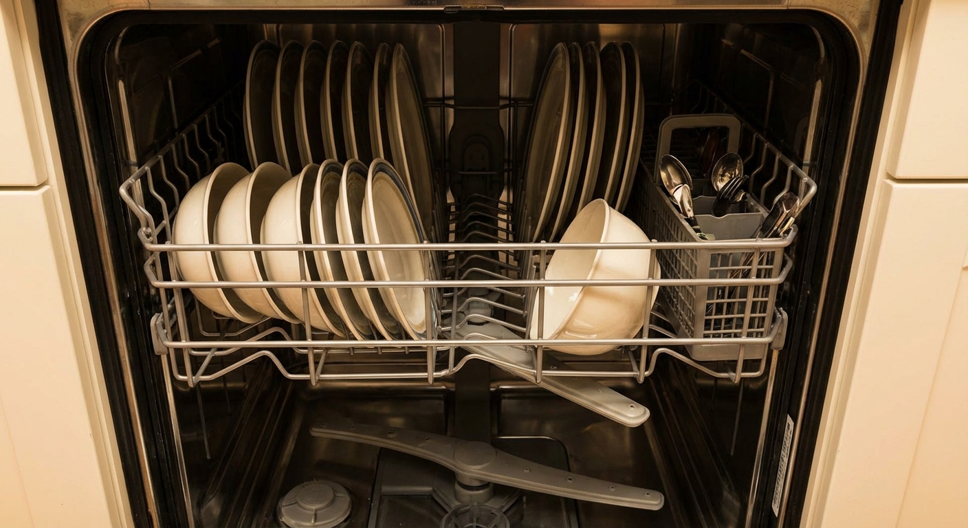 A photo of a dishwasher lower rack correctly loaded with evenly spaced plates facing inward, bowls angled, and no large pan blocking the spray arm, photorealistic